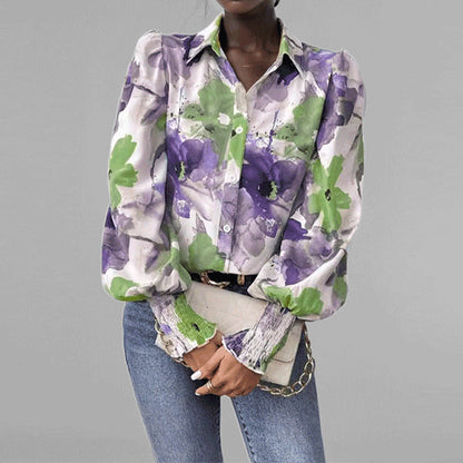 Damen Bluse – Oversized Fit – Puffärmel – Blumendruck – Smockbündchen
