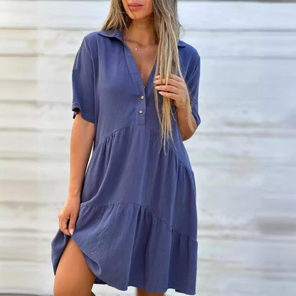 Damen Kleid – Relaxed Fit – Kurzarm – Knopfleiste mit Kragen – Stufig – Naturfaser