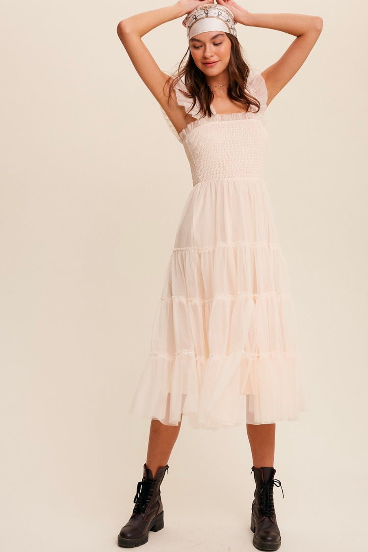 Damen Midikleid – Smock-Oberteil – Stufiger Meshrock – Ärmellos mit Rüschen