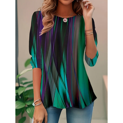 Damen Bluse – Lockerer Schnitt – Abstraktes Muster – 3/4 Ärmel – Atmungsaktiv