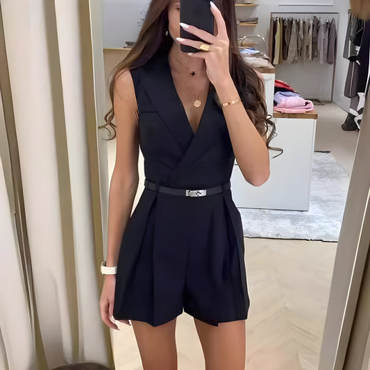 Damen Jumpsuit – Ärmellos – Taillierte Passform – Tiefer V-Ausschnitt – Gürtelbund