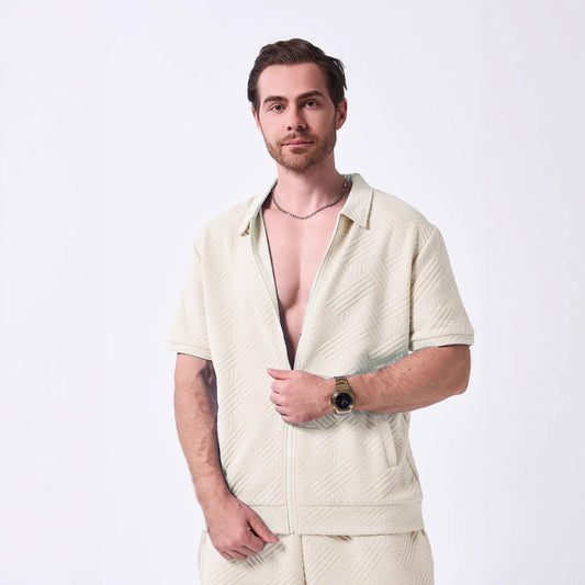 Herren Kurzarmhemd – Relaxed Fit – Texturierte Oberfläche – Zip Front – Baumwollmix