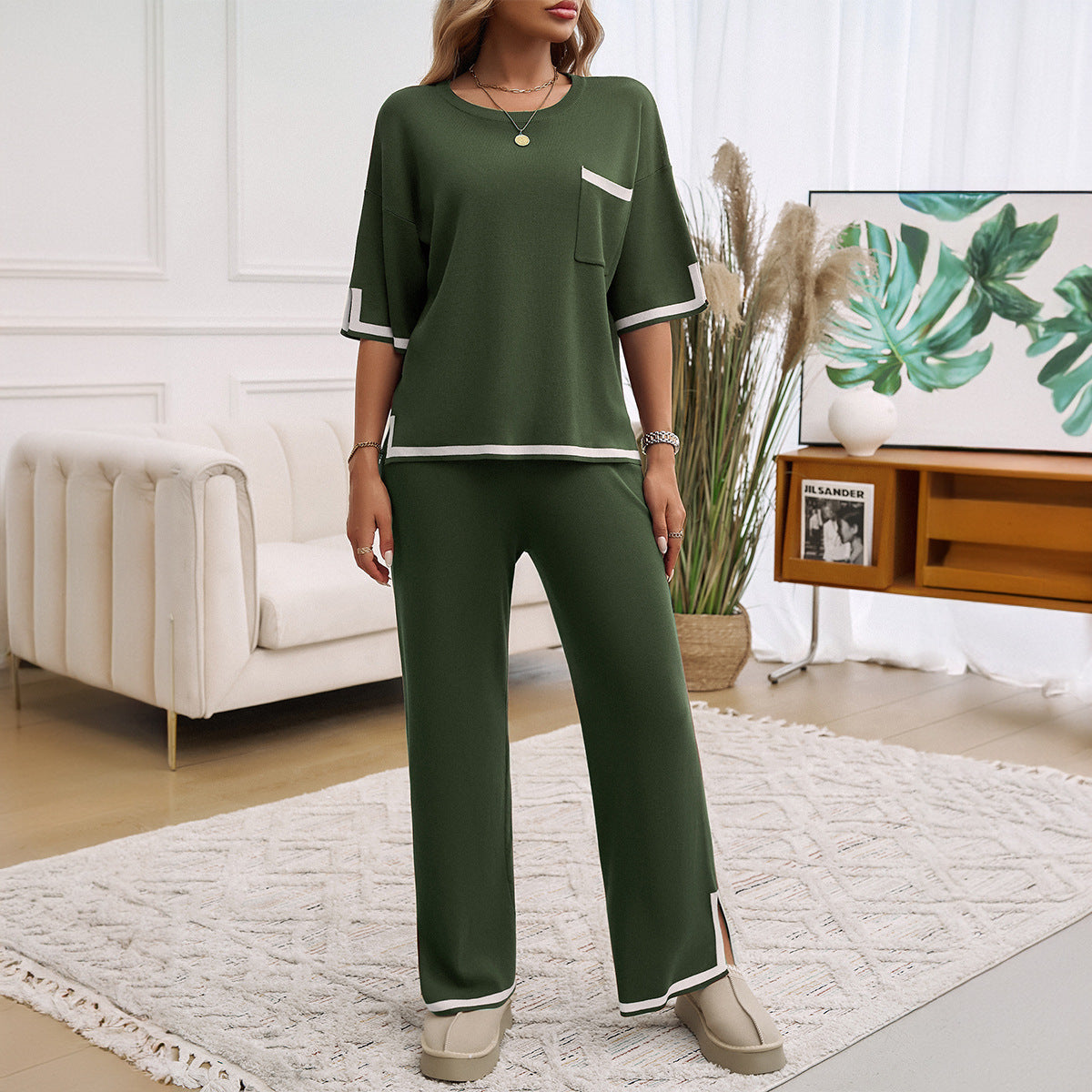 Damen Lounge Set – Strick – Relaxed Fit – Weites Bein – Kontrastdetails