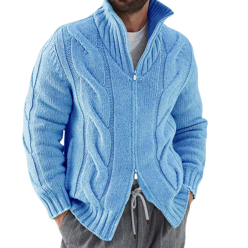 Herren Strickjacke – Relaxed Fit – Zopfmuster Ärmel – Hoher Kragen – Reißverschluss