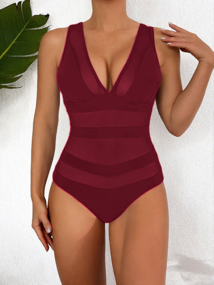 Damen Badeanzug – Figurbetont – Tiefer V-Ausschnitt – Mesh-Einsätze – Elegantes Design
