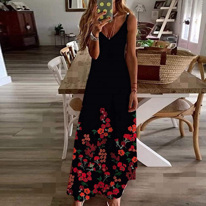 Damen Maxikleid – Lockerer Schnitt – V-Ausschnitt – Spaghettiträger – Blumenmuster