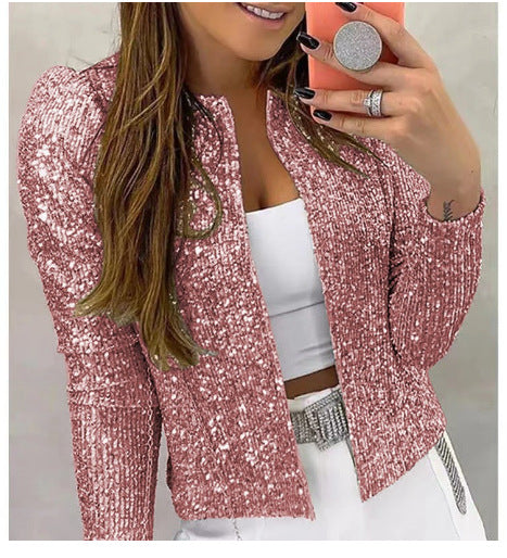Damen Kurzjacke – Tailor Fit – Glänzendes Pailletten-Design – Stehkragen – Langarm