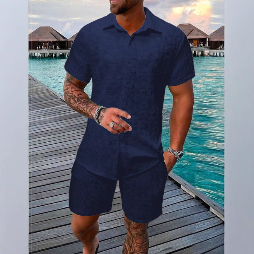 Herren Zweiteiler Set – Relaxed Fit – Jacquard Textur – Naturfasern – Kurzarm Hemd