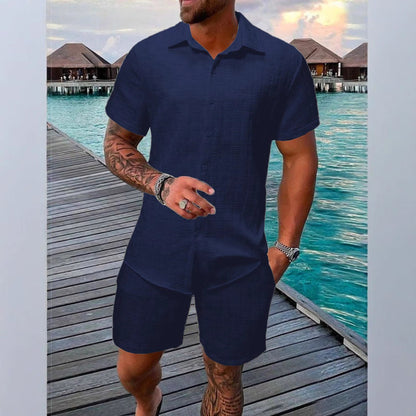 Herren Zweiteiler Set – Relaxed Fit – Jacquard Textur – Naturfasern – Kurzarm Hemd