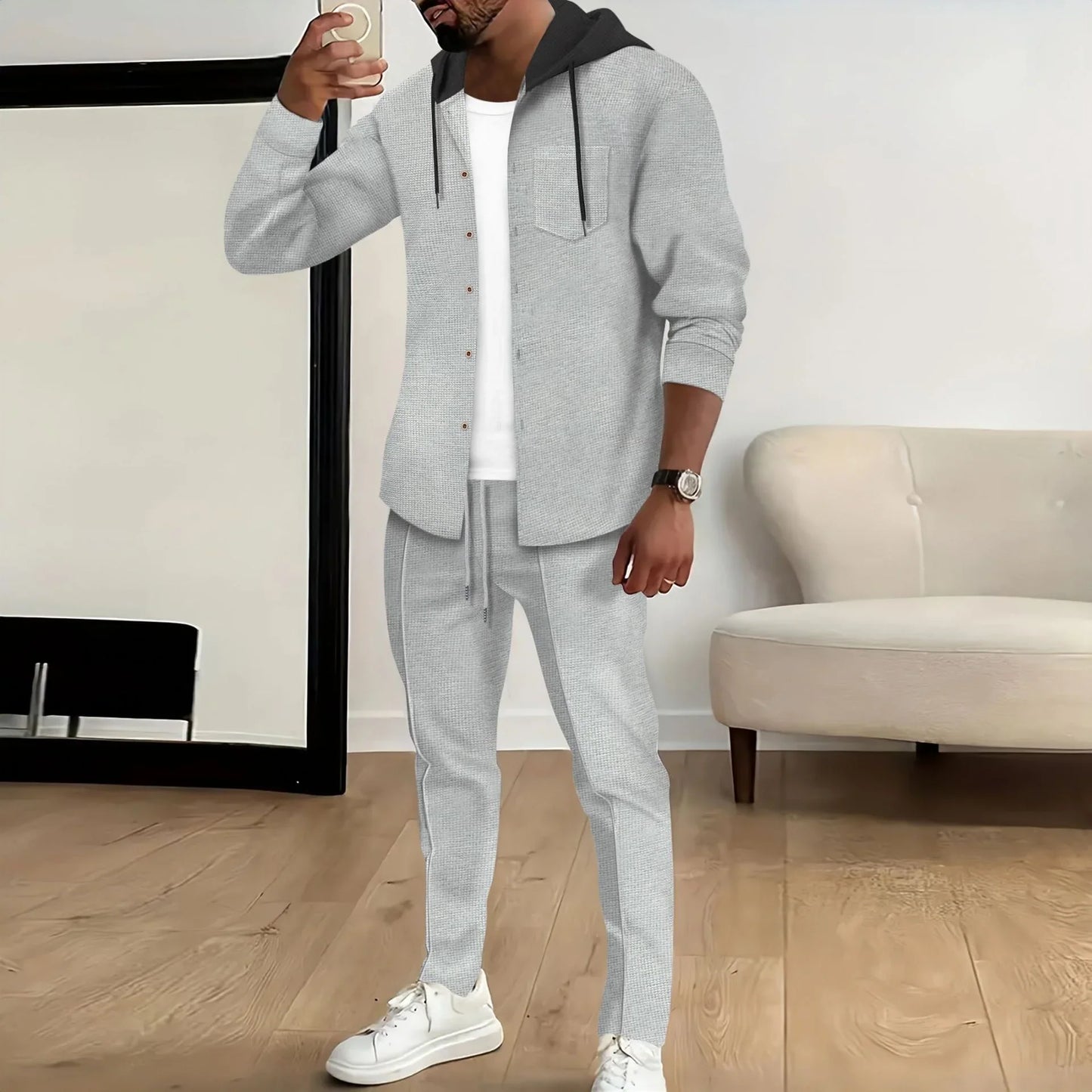Herren Trainingsanzug – Relaxed Fit – Baumwollmix – Kapuze – Knopfleiste – Kordelzug