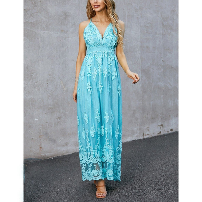 Damen Maxikleid – Taillierter Schnitt – Florale Stickerei – Tiefer V-Ausschnitt – Luftiges Gewebe