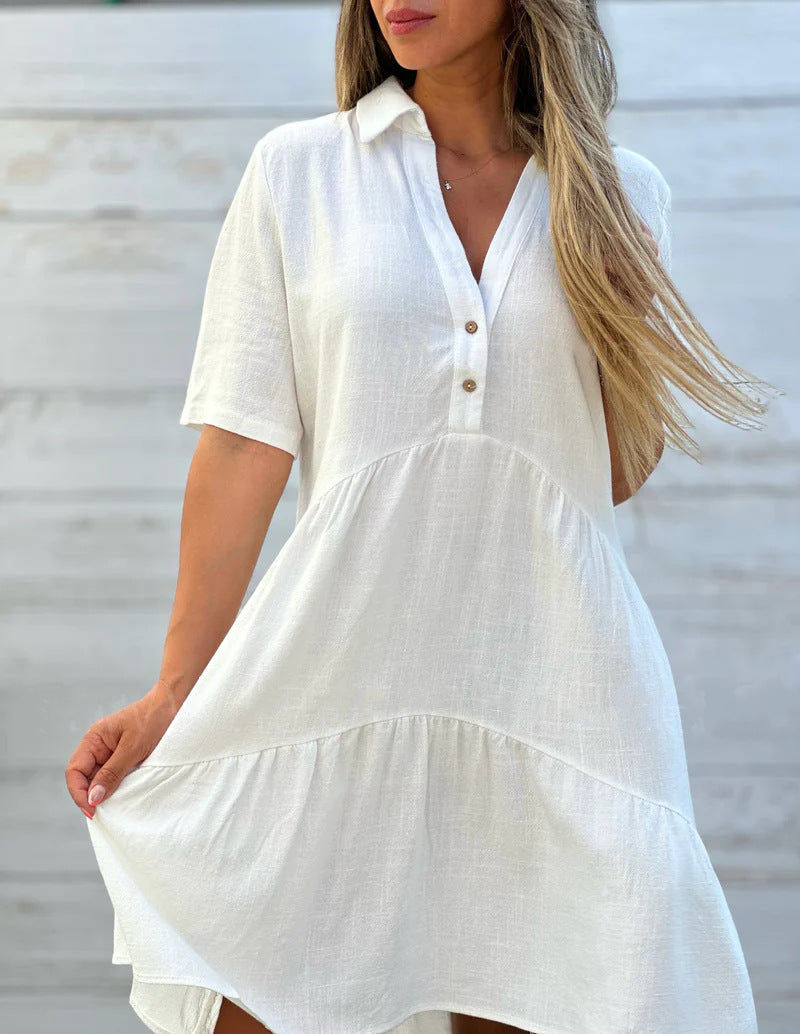 Damen Kleid – Relaxed Fit – Kurzarm – Knopfleiste mit Kragen – Stufig – Naturfaser