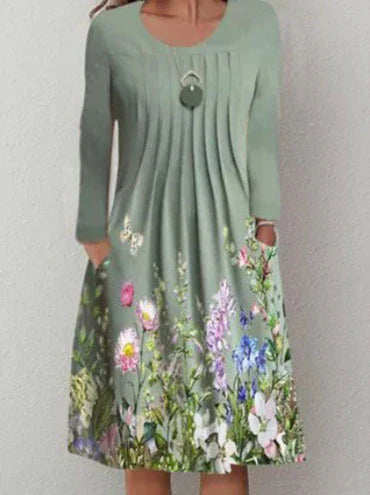 Damen A-Linienkleid – Baumwollmix – Lange Ärmel – Faltenausschnitt – Florales Detail