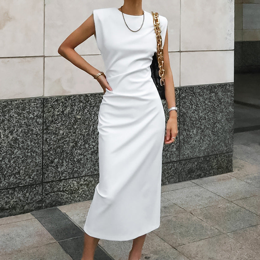 Damen Midikleid – Ärmellos – Figurbetont – Luxusstoff – Hoher Ausschnitt – Beinschlitz