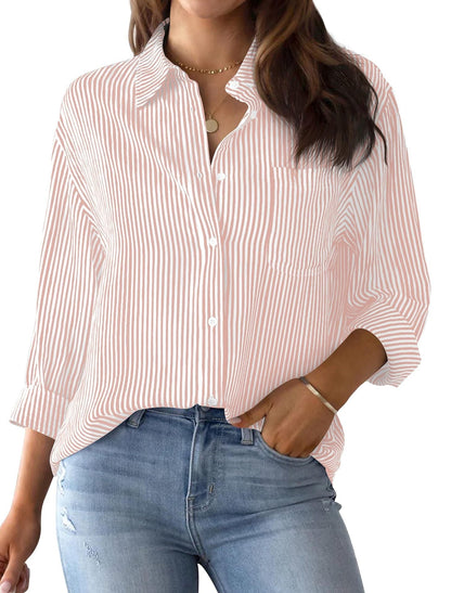 Damen Bluse – Lockerer Schnitt – Naturfasern – Gestreift mit Knopfleiste