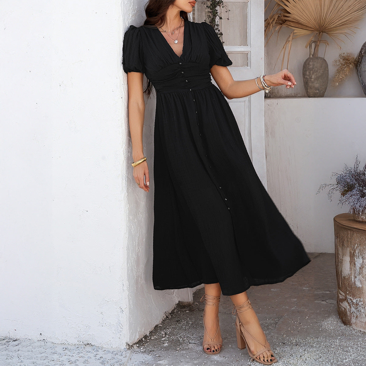 Damen Maxikleid – V-Ausschnitt – Hohe Taille – Kurzarm – Frontschlitz – Knopfleiste