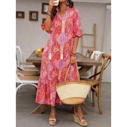 Damen Midikleid – Lockere Passform – Boho-Muster – Rüschenärmel – Tie-Detail