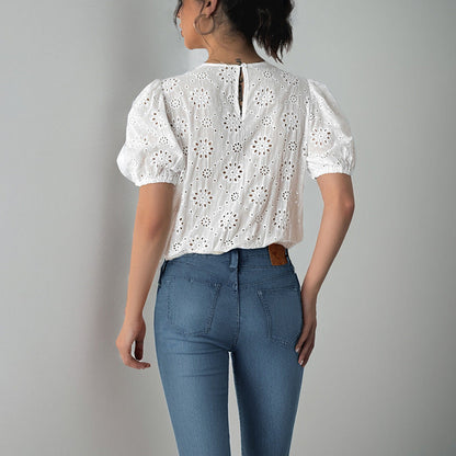 Damen Bluse – Lockerer Schnitt – Spitzen-Details – Puffärmel – Frontbindung