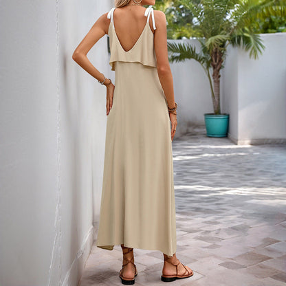 Damen Slipdress – Fließende Passform – Rüschenkragen – Verstellbare Träger – Maxilänge