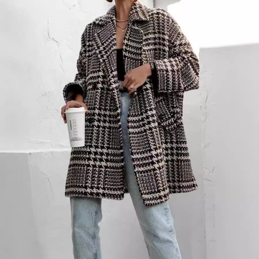 Damen Wollmantel – Oversized Fit – Karomuster – Knielang – Strukturierter Kragen