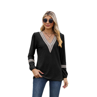 Damen Langarmshirt – Lockere Passform – V-Ausschnitt – Spitzendetails – Atmungsaktiver Stoff