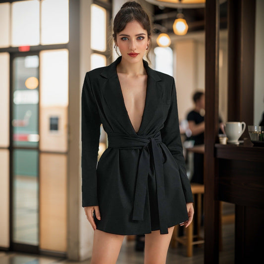 Damen Blazer – Slim Fit – Taillengürtel – V-Ausschnitt – Mittellang – Elegant