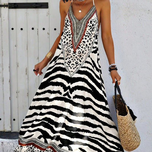 Damen Maxikleid – A-Linie – V-Ausschnitt – Baumwolle – Animalprint – Ärmellos