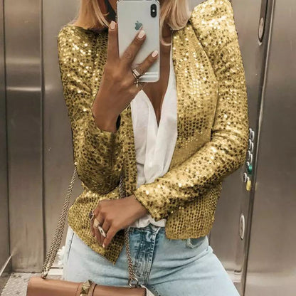 Damen Kurzjacke – Tailor Fit – Glänzendes Pailletten-Design – Stehkragen – Langarm