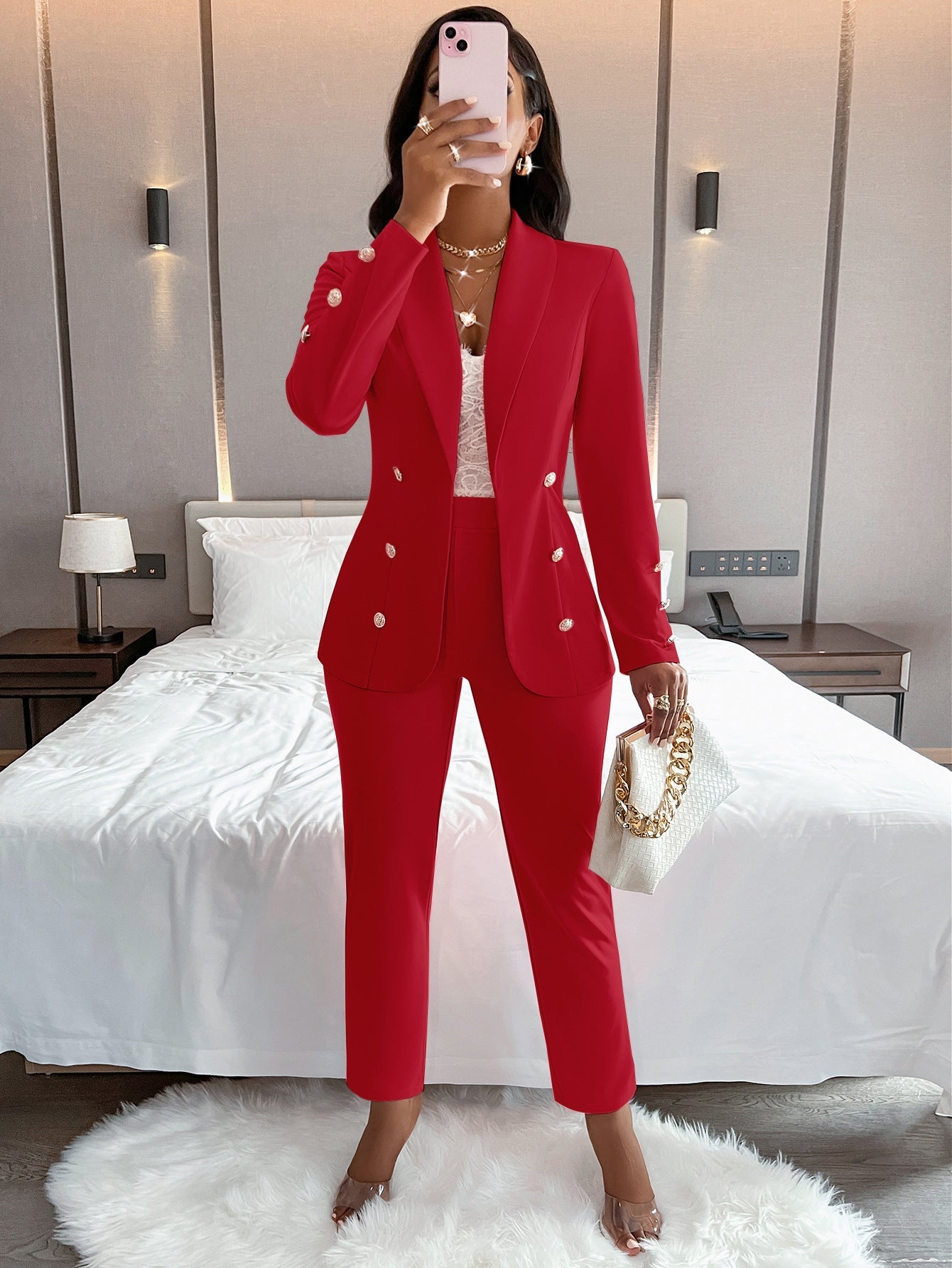 Damen Anzug Set – Taillierter Schnitt – Doppelreihig – Business Look – Hoher Bund