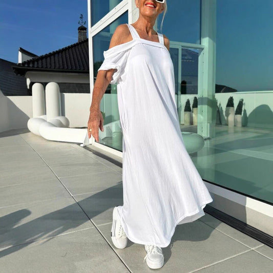 Damen Maxikleid – Off Shoulder – Lockerer Schnitt – Baumwolle – Casual Look
