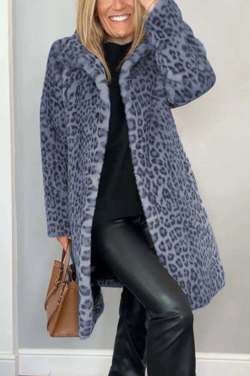 Damen Mantel – Kunstfell – Oversize Passform – Reverskragen – Leopardenmuster