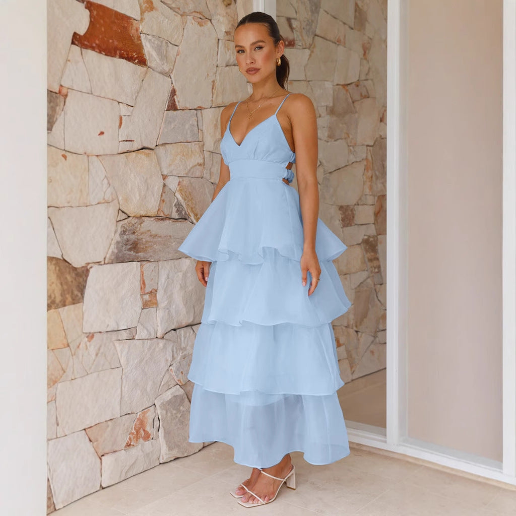 Damen Maxikleid – Luftiger Schnitt – Stufige Rüschen – V-Ausschnitt – Spaghettiträger