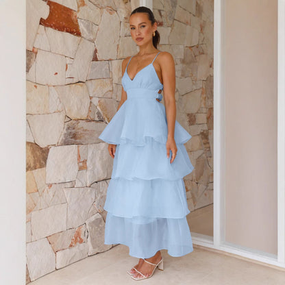 Damen Maxikleid – Luftiger Schnitt – Stufige Rüschen – V-Ausschnitt – Spaghettiträger