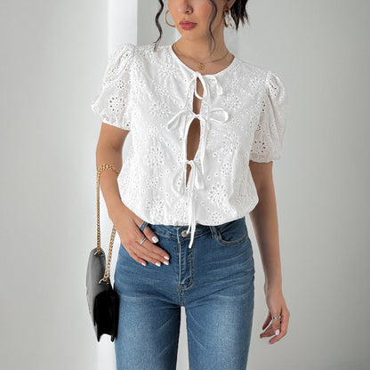 Damen Bluse – Lockerer Schnitt – Spitzen-Details – Puffärmel – Frontbindung
