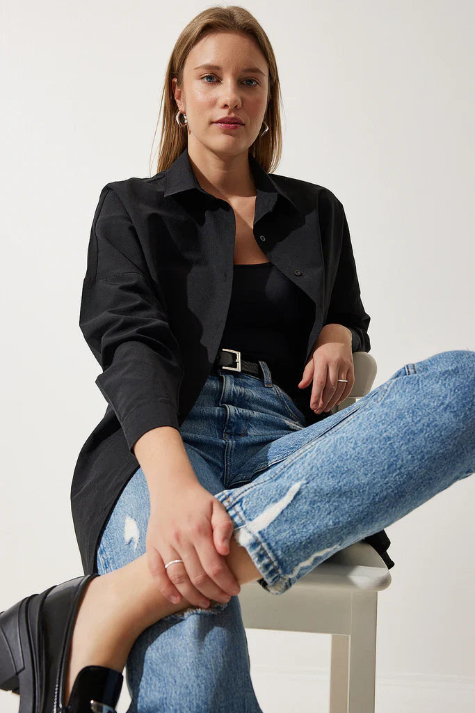 Damen Bluse – Oversized Fit – Baumwollmix – Lange Ärmel – Button-Down Kragen