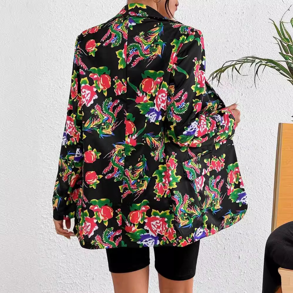 Damen Blazer – Slim Fit – Luxusstoff – Florales Muster – Ein-Knopf – Hüftlang