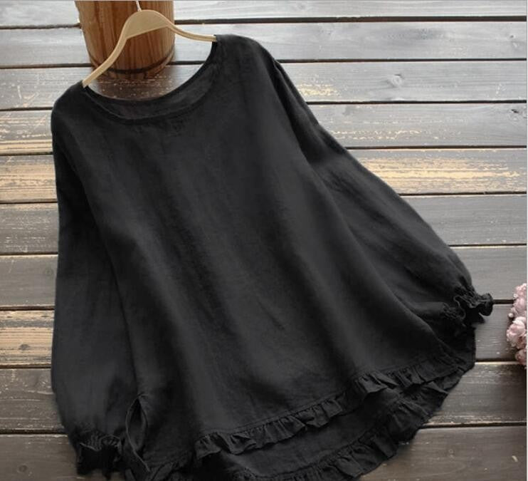 Damen Bluse – Lockerer Schnitt – Cotton-Linnen – Rüschenärmel – Rundhals Langarm