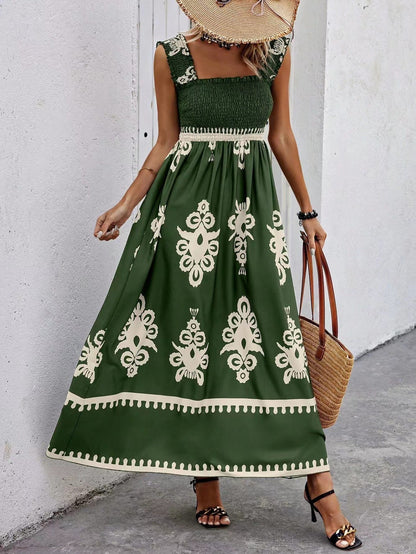 Damen Maxikleid – Schulterfrei mit Wickeloberteil – Luftiger Schnitt – Printdesign