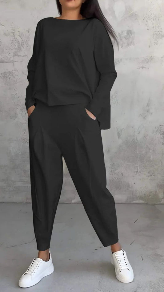 Damen Anzug Zweiteilig – Slim Fit – Rundhals Longsleeve – Tapered Hose – Atmungsaktiver Mix