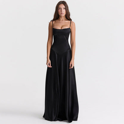 Damen Abendkleid – A-Linie – Luxusstoff – Spaghettiträger – Cut-Out Taille – Lang