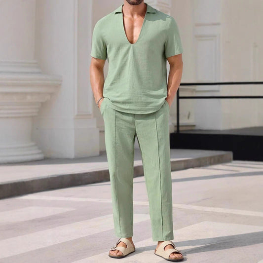 Herren Zweiteiler Set – Kurzarm V-Ausschnitt – Lockerer Schnitt – Atmungsaktive Mischung