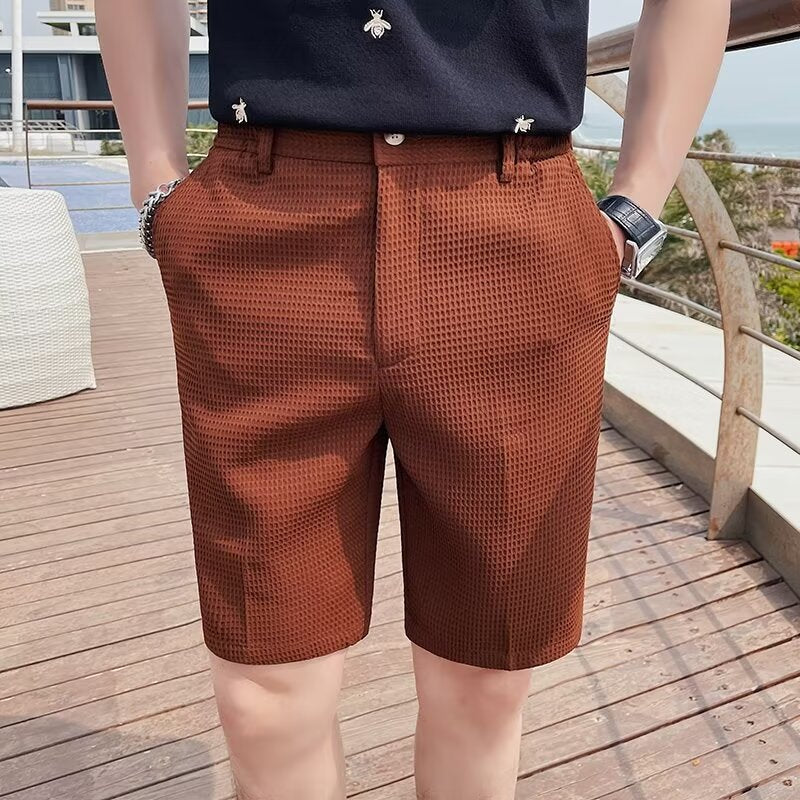 Herren Shorts – Slim Fit – Strukturierter Stoff – Knielang – Mit Gürtel­schlaufen