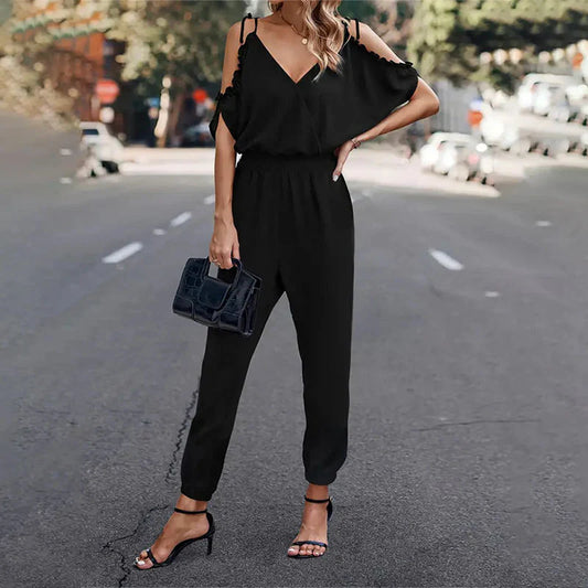Damen Overall – V-Ausschnitt – Rüschenärmel – Schulterfrei – Tapered Leg – Atmungsaktiv