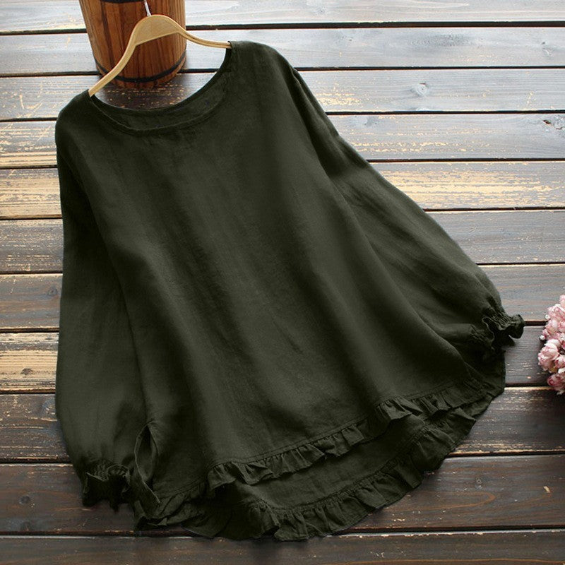 Damen Bluse – Lockerer Schnitt – Cotton-Linnen – Rüschenärmel – Rundhals Langarm