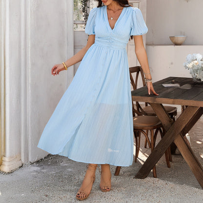 Damen Maxikleid – V-Ausschnitt – Hohe Taille – Kurzarm – Frontschlitz – Knopfleiste