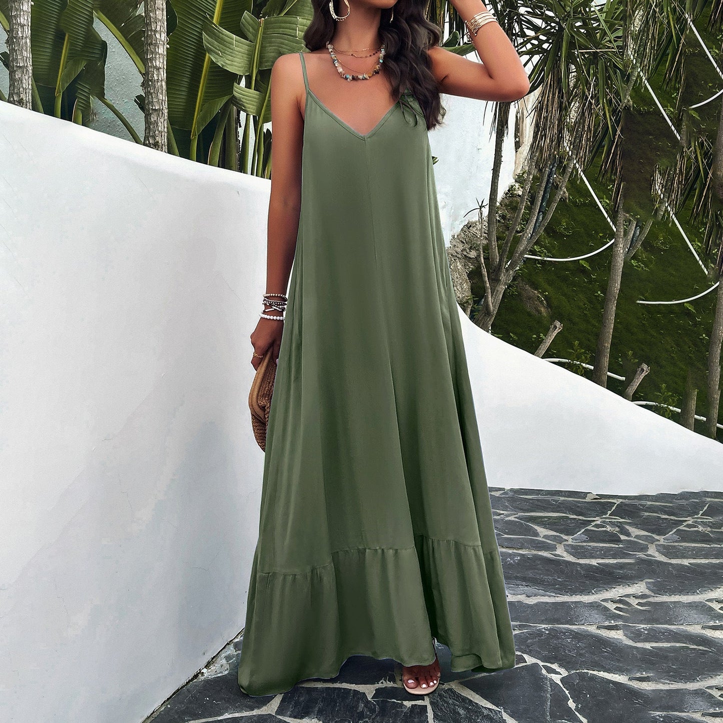 Damen Maxikleid – A-Linie – V-Ausschnitt – Spitzendetails – Leichter Baumwollmix
