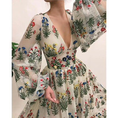 Damen Maxikleid – Luxusstoff – Fließender Schnitt – Blumenstickerei – V-Ausschnitt
