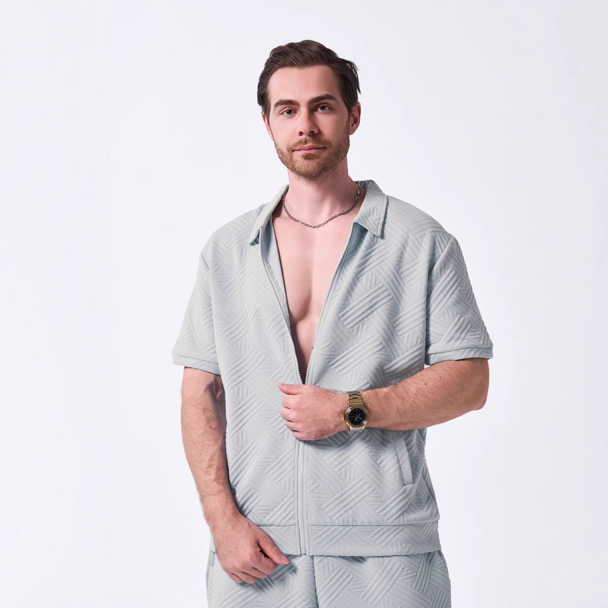 Herren Kurzarmhemd – Relaxed Fit – Texturierte Oberfläche – Zip Front – Baumwollmix