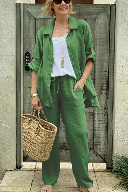 Damen Zweiteiler Set – Lockerer Schnitt – Linnen – Knopfleiste – Elastikbund Hose