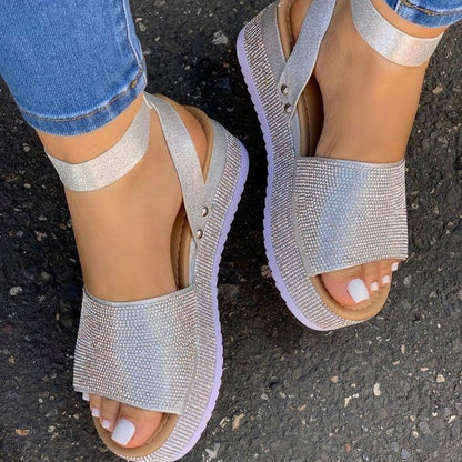 Damen Plateau Sandalen – Chunky Sohle – Strass – Verstellbarer Riemen – Offen